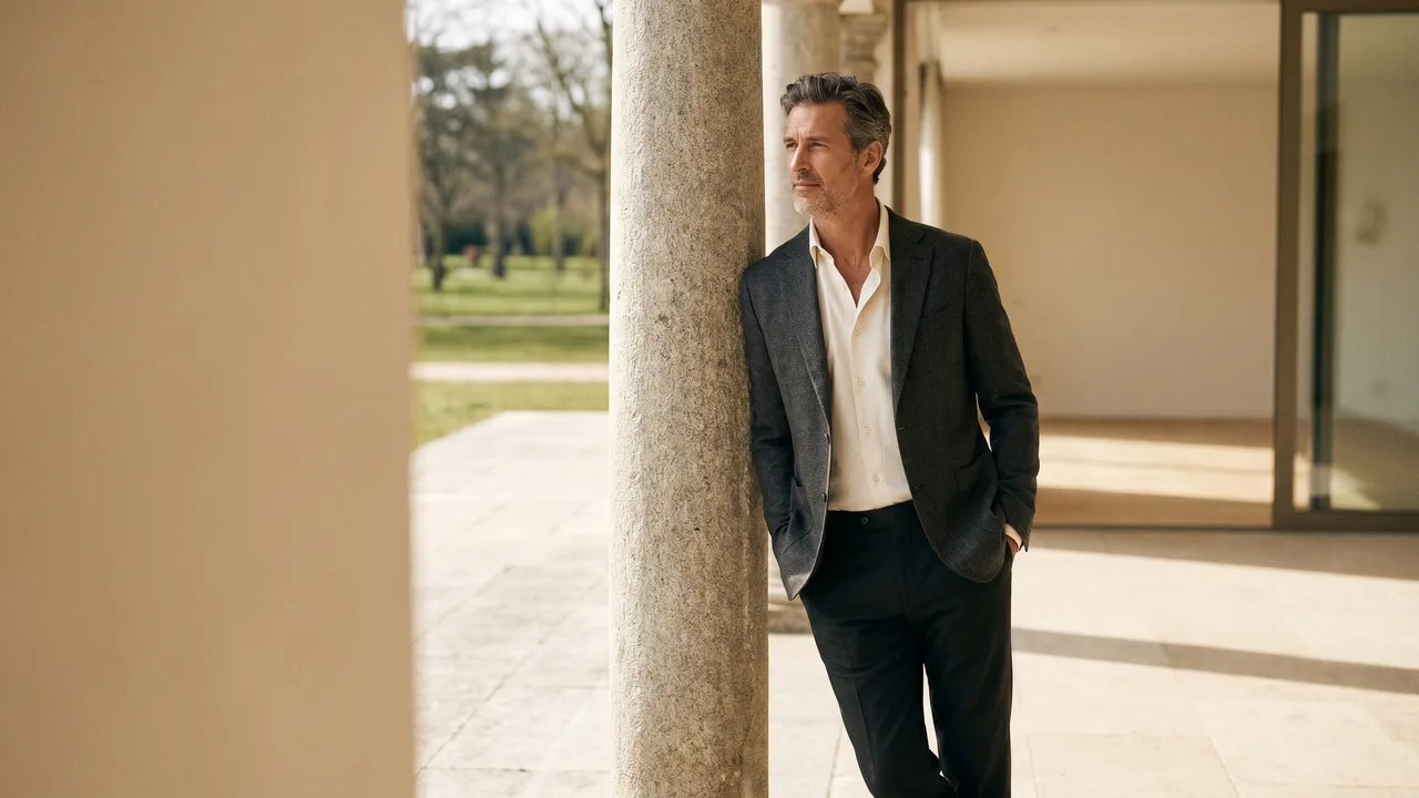 Professional man in smart business attire without a tie, exuding confidence in natural light.