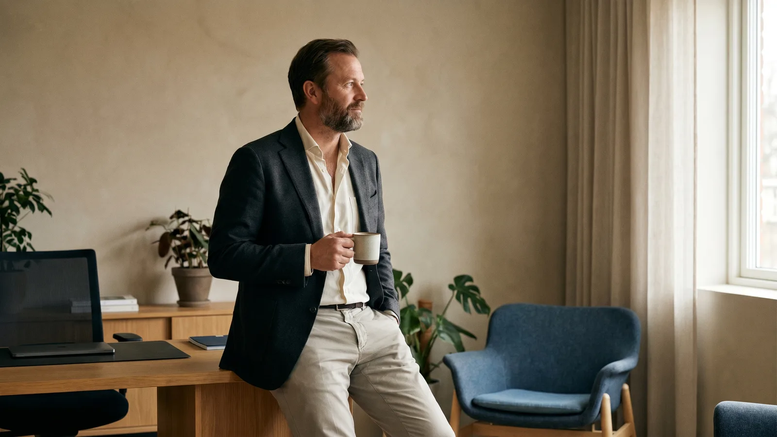 A man in an open-collar shirt embodies smart business attire without a tie in an everyday setting.