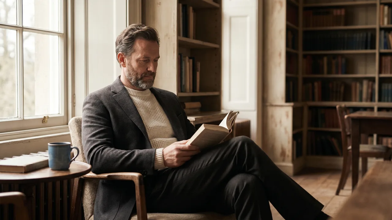 A man comfortably wears business casual attire in a bright, candid moment.