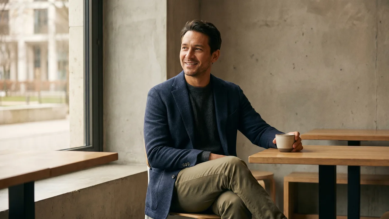 A man confidently showcases men's business casual interview attire in a well-lit, candid moment.