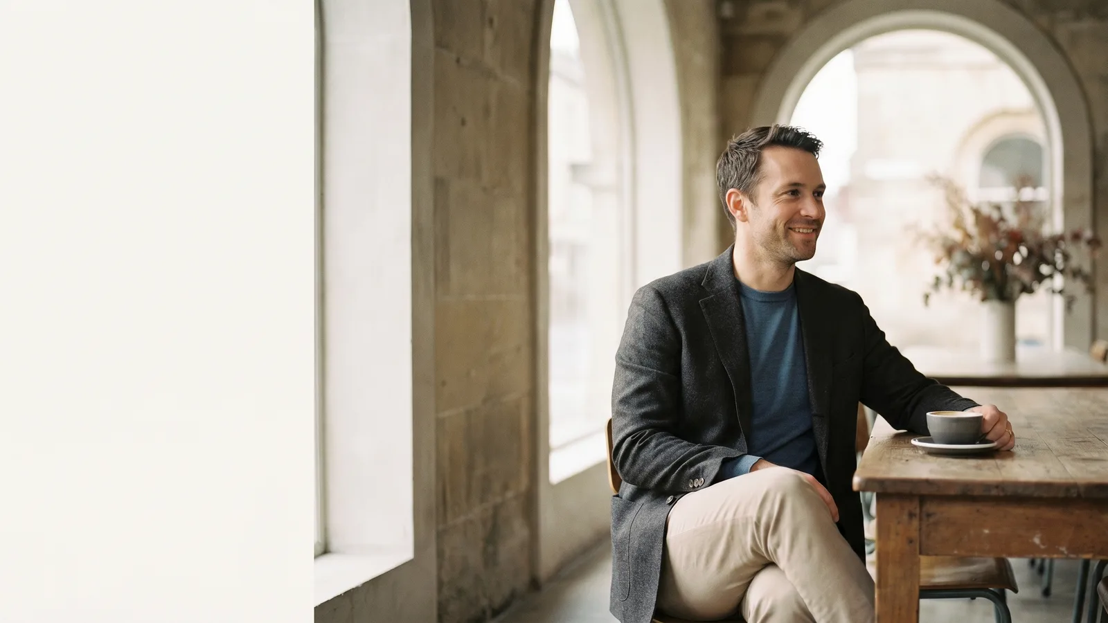 This man exemplifies business casual interview attire for men, looking sharp in a natural mid-shot.