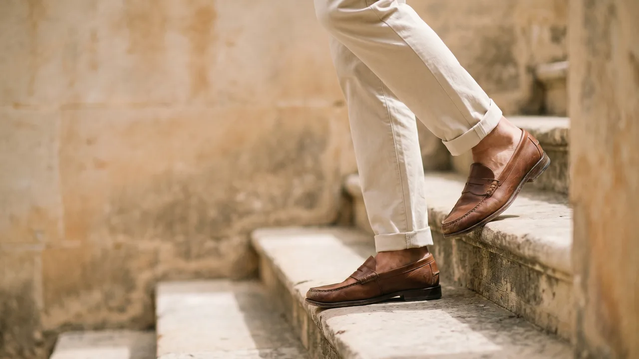 Brown leather loafers, essential business casual attire shoes, on a man's cuffed chinos down sunny stairs.