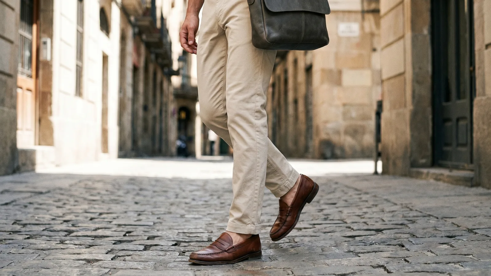 A man in chinos takes a stride, showcasing brown leather business casual shoes.