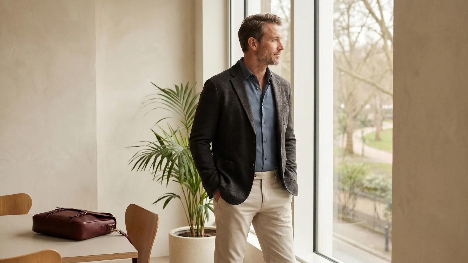 A man in a relaxed, well-fitting business casual attire smiles candidly in an everyday setting.