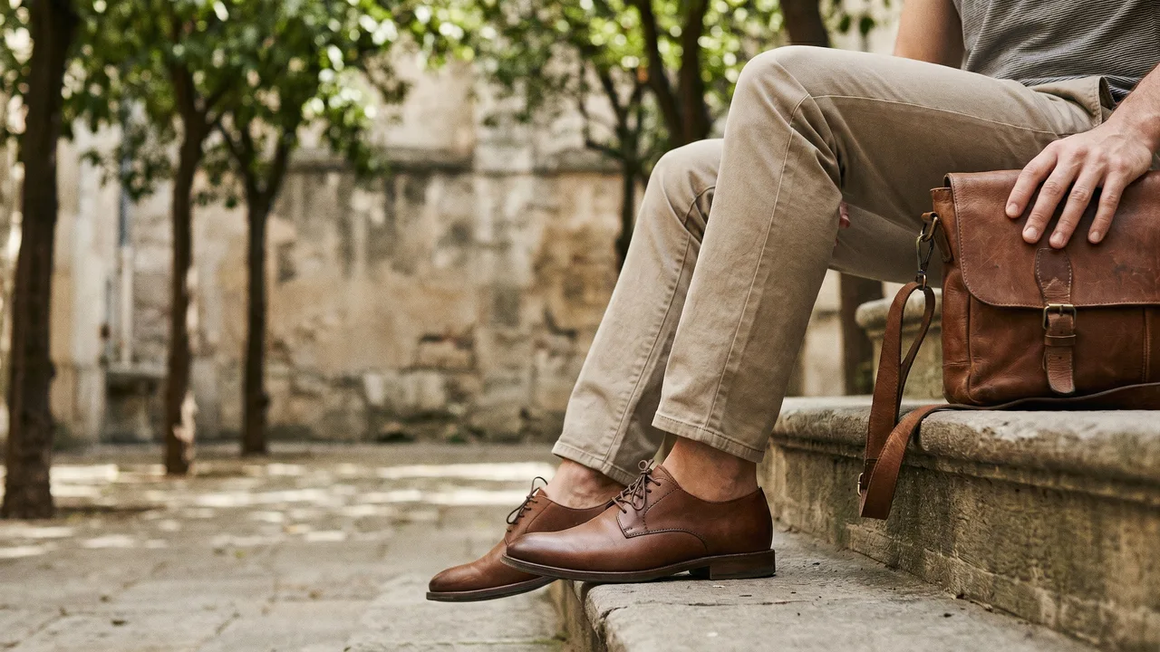 Man's business casual chinos and leather shoes offer an alternative to blue jeans.