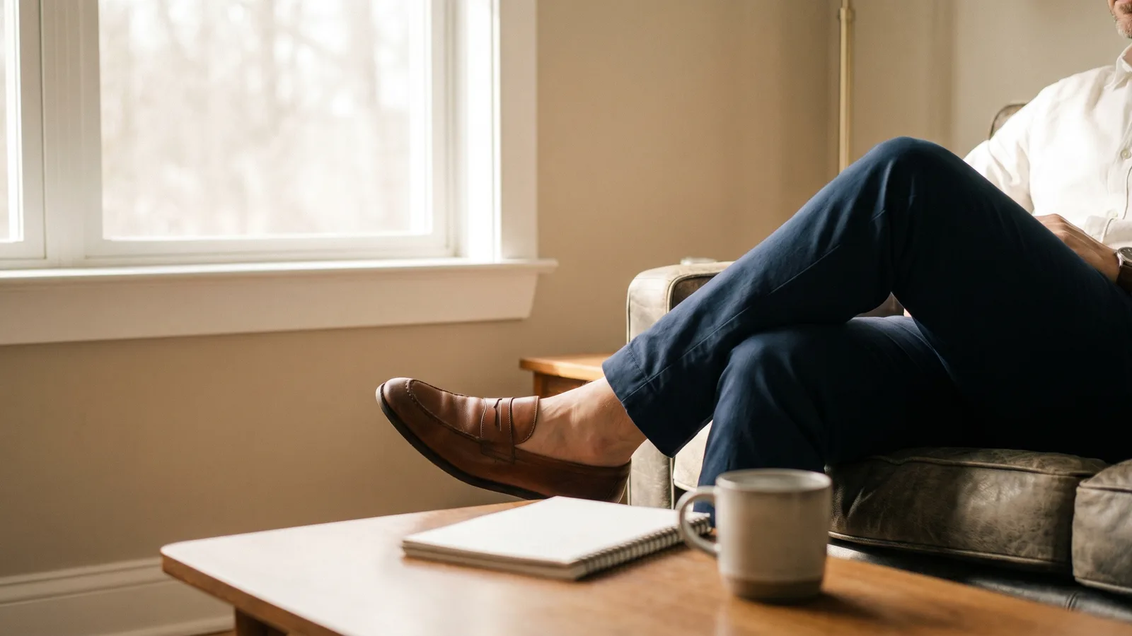 Man in tailored business casual trousers and leather shoes, illustrating business casual blue jeans style.