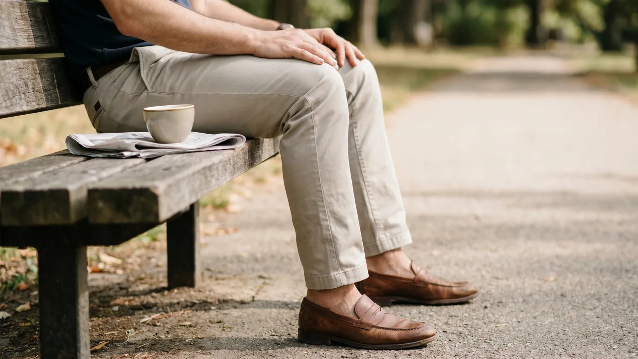 A man's business casual chinos and leather shoes, an example when considering can you wear jeans.