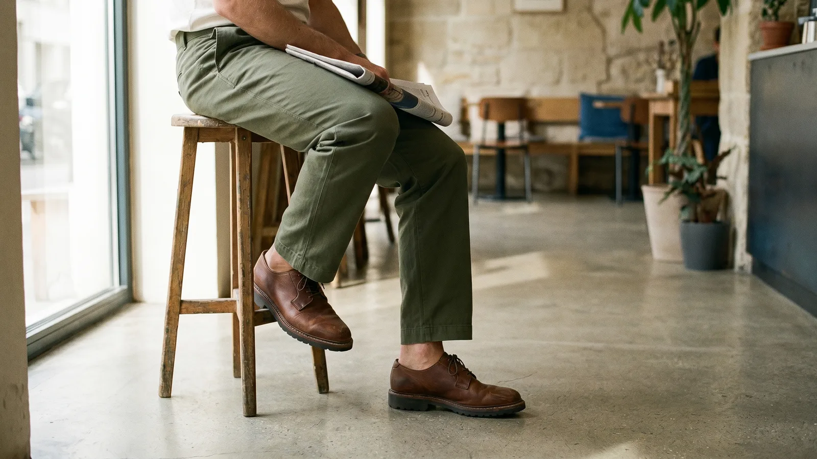 A man wears chinos and leather shoes, a common business casual alternative to jeans.