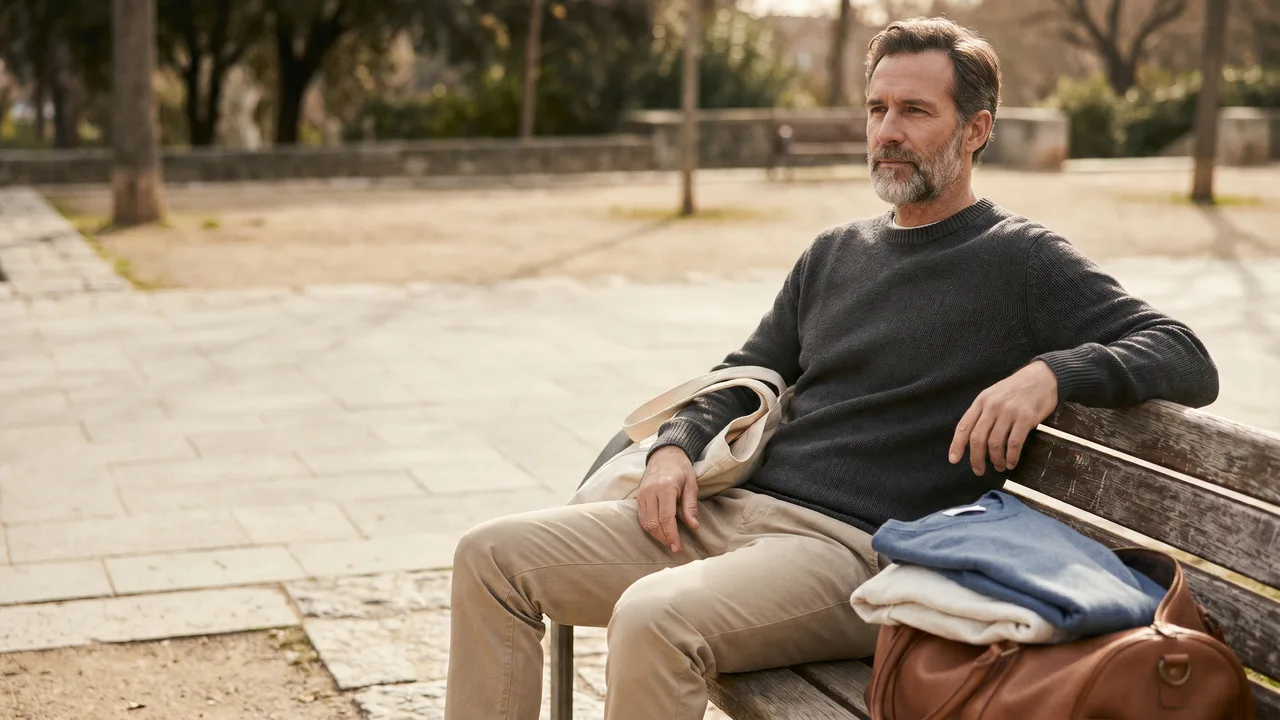 A man models a versatile business casual capsule wardrobe, captured in soft natural light.