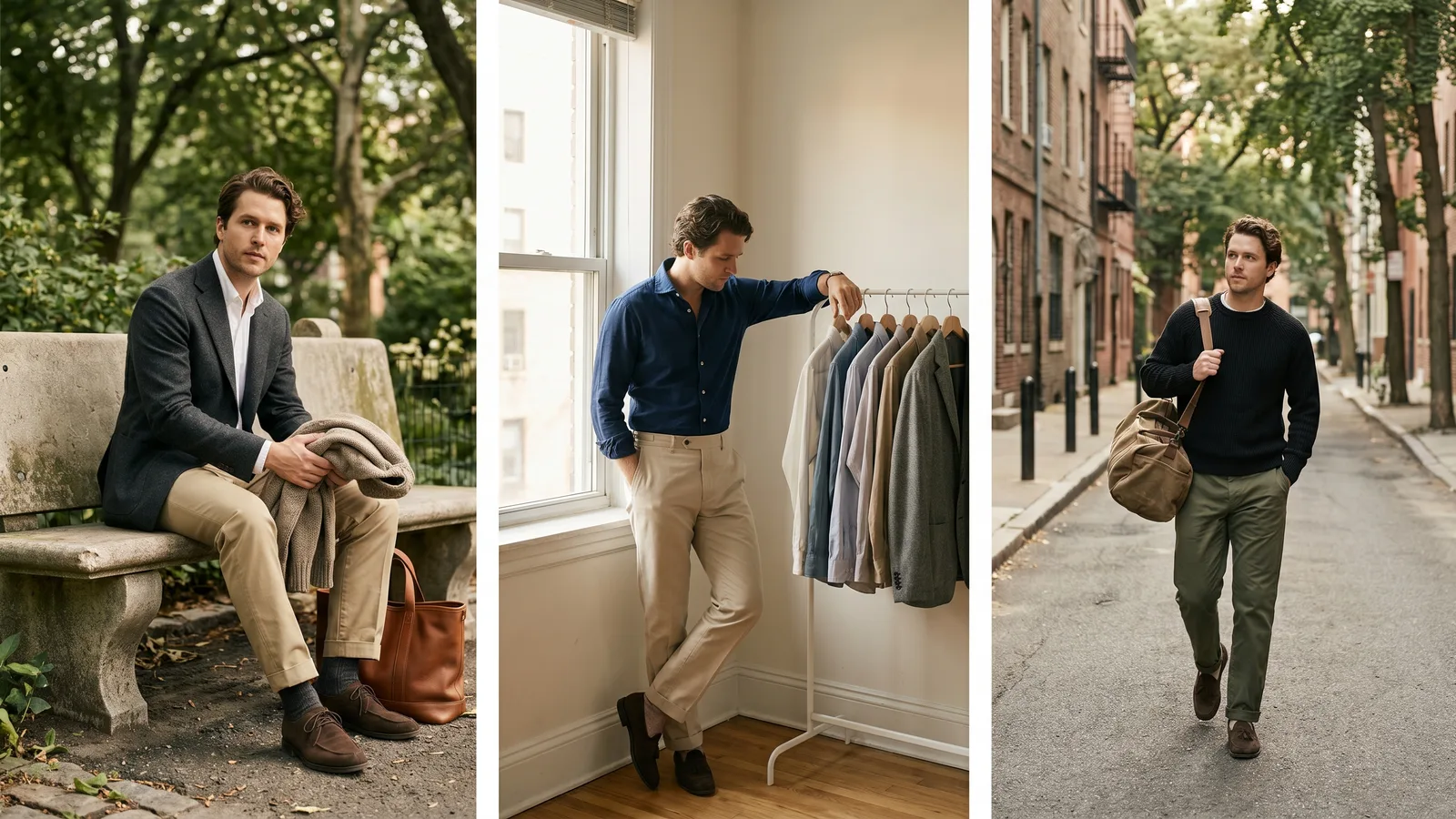 A man models a versatile business casual capsule wardrobe in a natural, everyday setting.