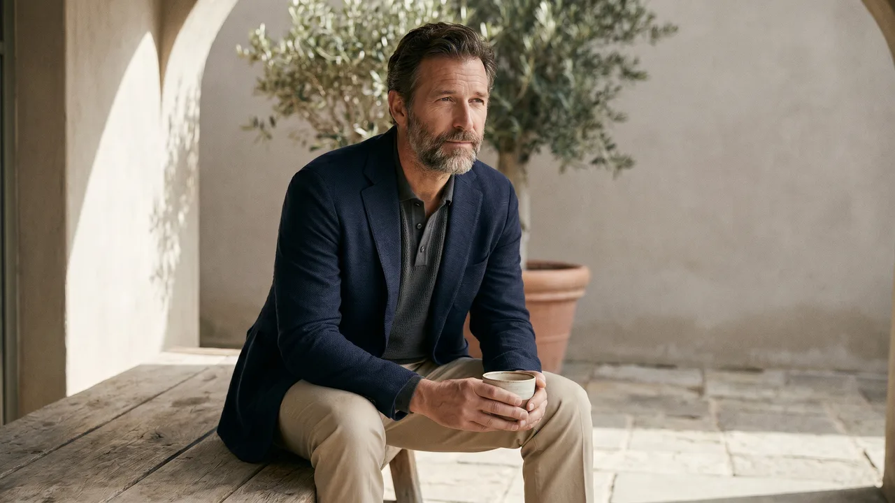A man in smart business casual attire, mirroring the sophistication of a business casual cocktail dress.