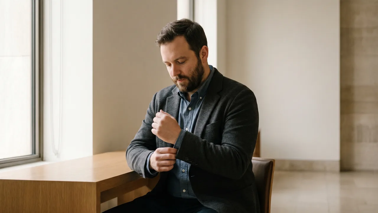 A man calmly adjusts the cuff of his business casual collared shirt at a bright, modern desk.