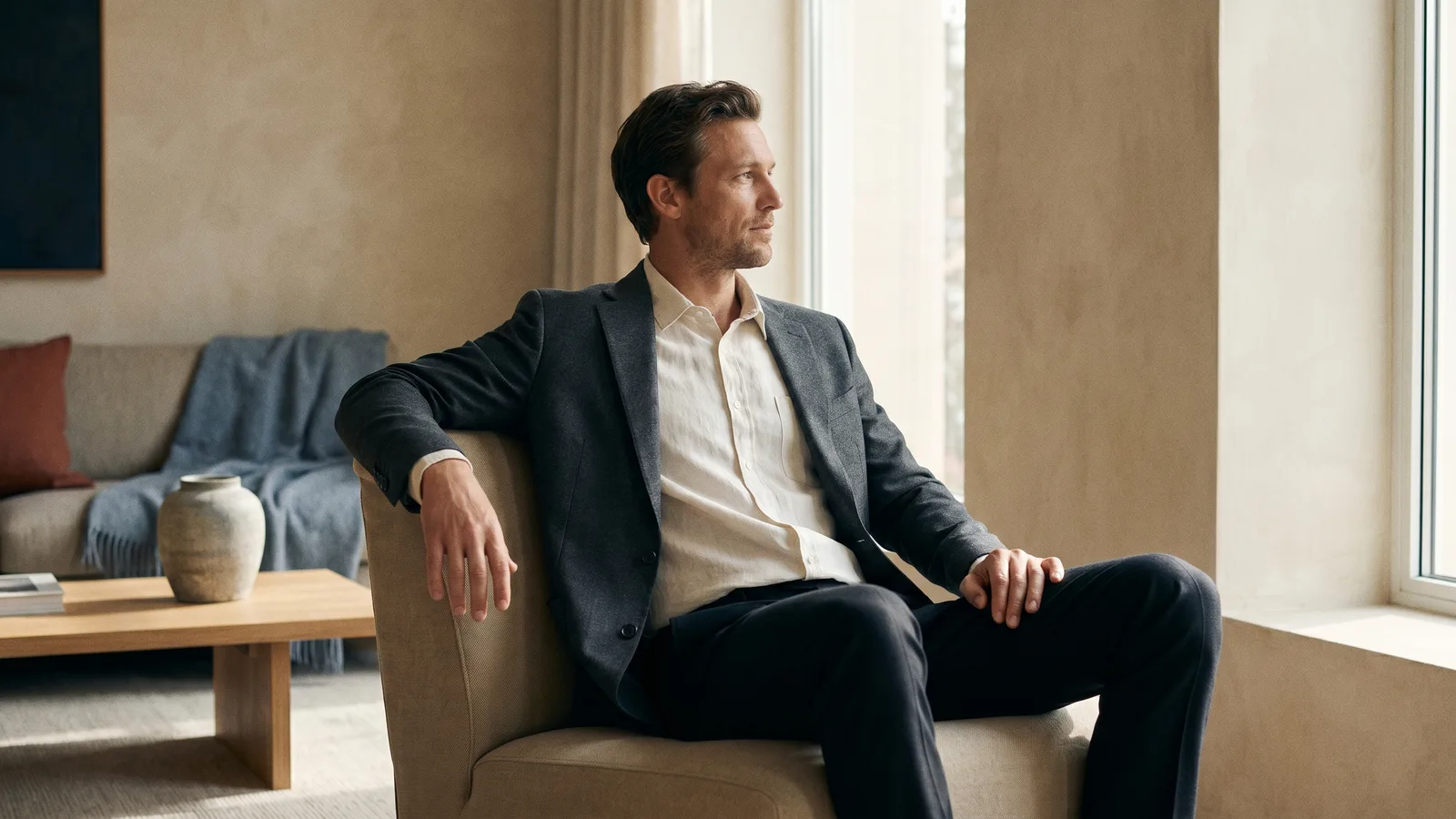 A polished man in a business casual collared shirt and blazer, in a modern, softly lit interior.