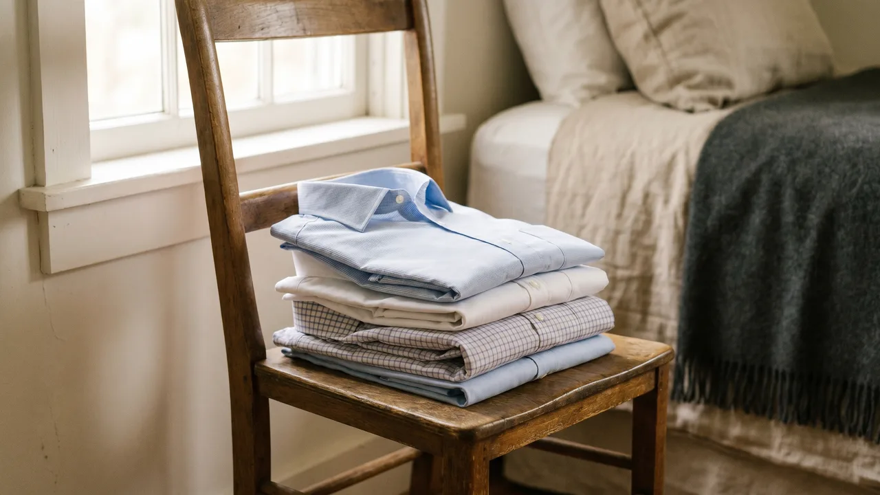Neatly folded light-colored and patterned business casual dress shirts on a wooden chair.