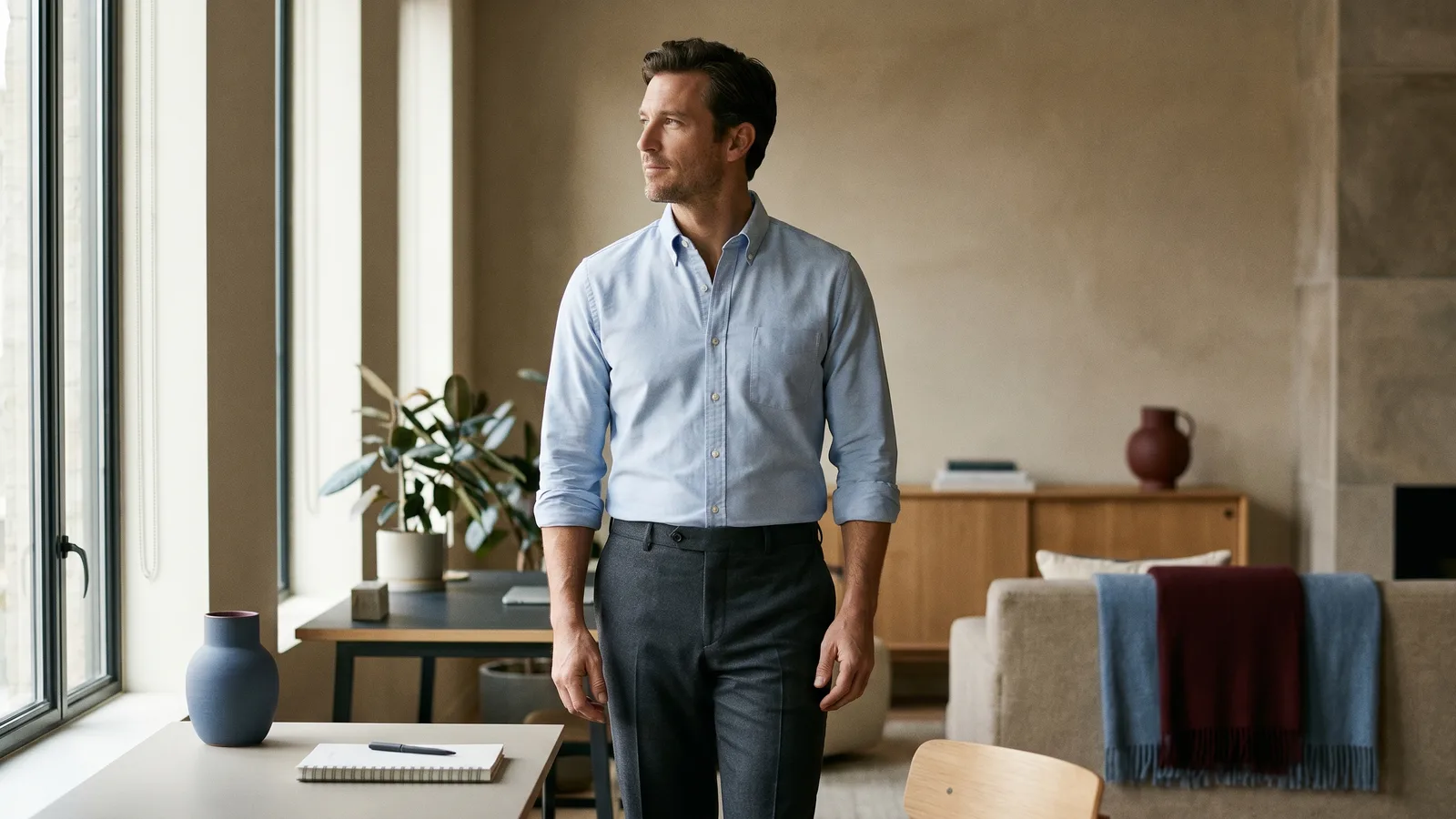 A confident man wears a light-blue business casual dress shirt with rolled sleeves by window.