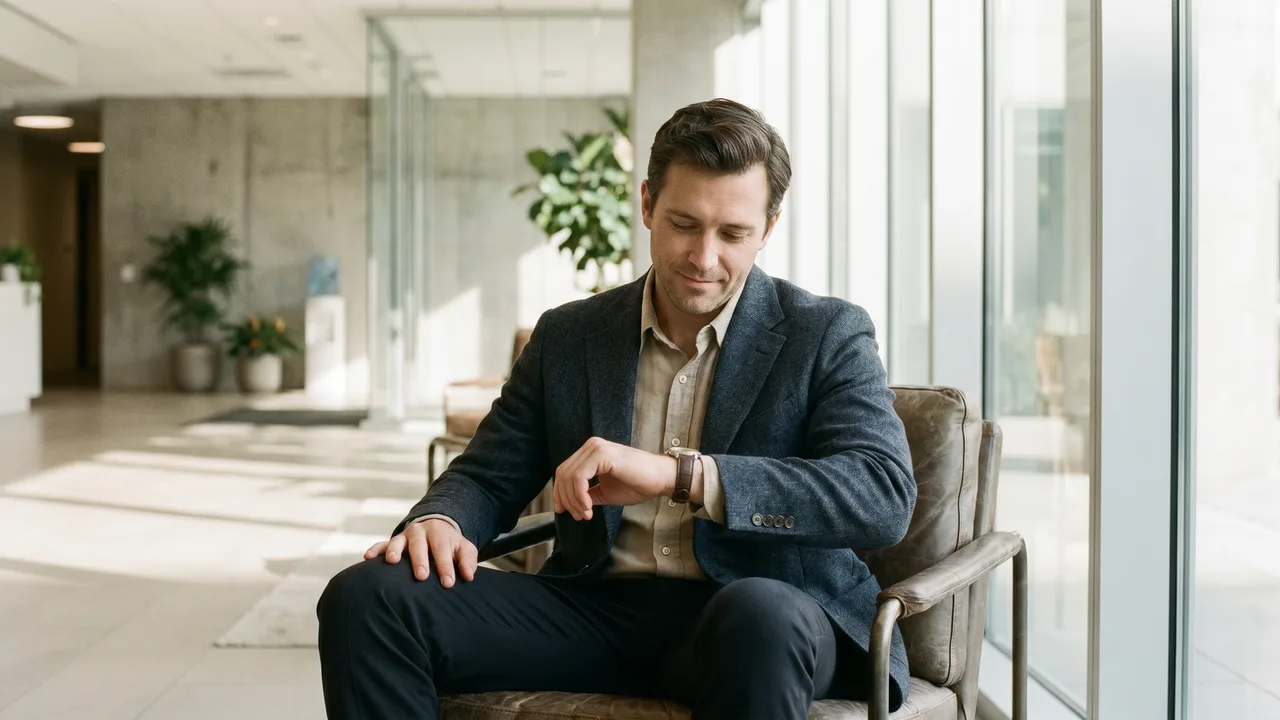 A man in business casual interview dress, a blazer, checks his watch in a bright office lobby.