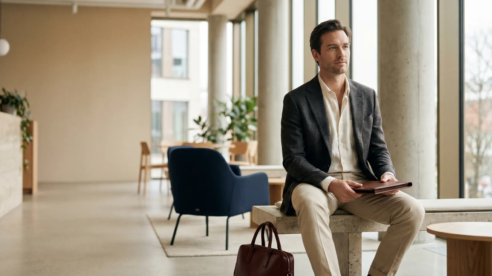 A composed man in business casual interview dress waits calmly in a bright modern office lobby.