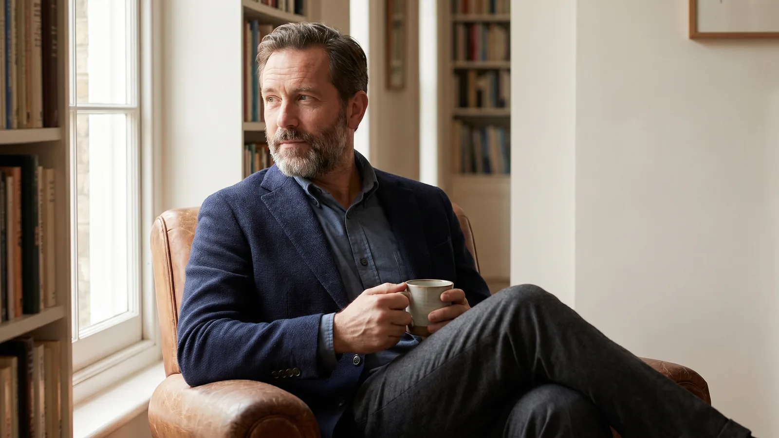 A man in modern business casual interview attire stands in a relaxed, everyday setting.