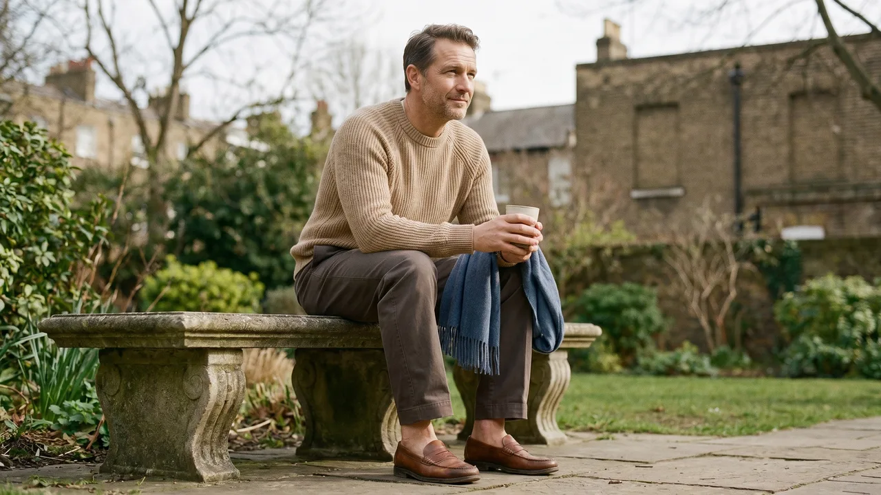Relaxed man in well-fitting business casual khakis chatting casually outdoors.