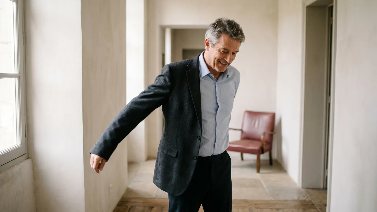 A man in a bright hallway pulls on a navy blazer, completing his biz casual ensemble.