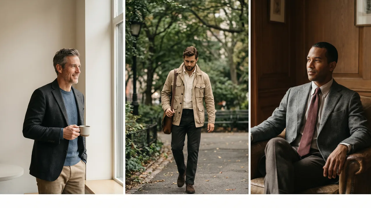 A man in considered business casual waits calmly before his interview.