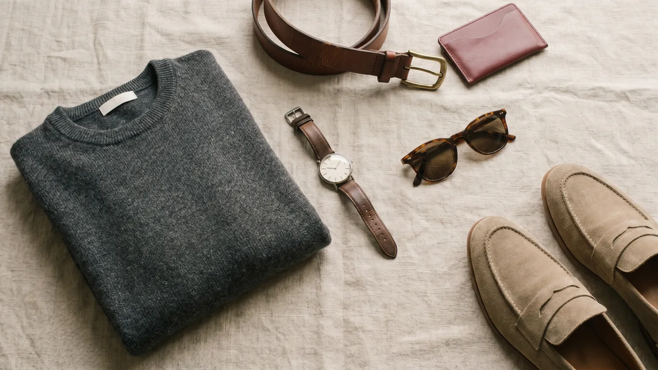Warm-toned business casual men's wardrobe accessories: knit, belt, watch, and sunglasses flat-lay.