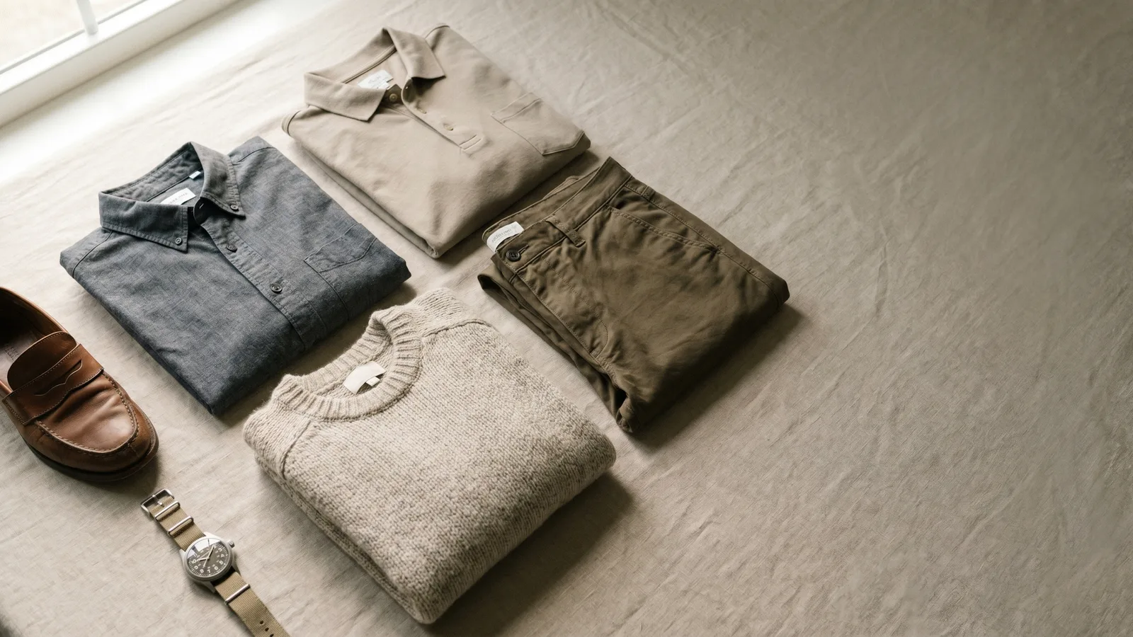 A curated flat-lay of a business casual men's capsule wardrobe: shirts, chinos, knit, shoe, watch.