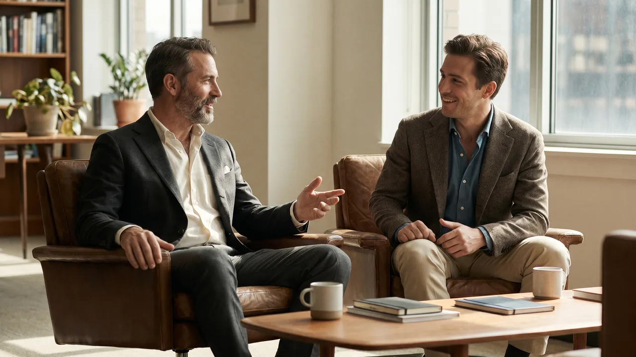 Two men converse in a sunlit lounge, dressed business casual no tie in blazers and open shirts.