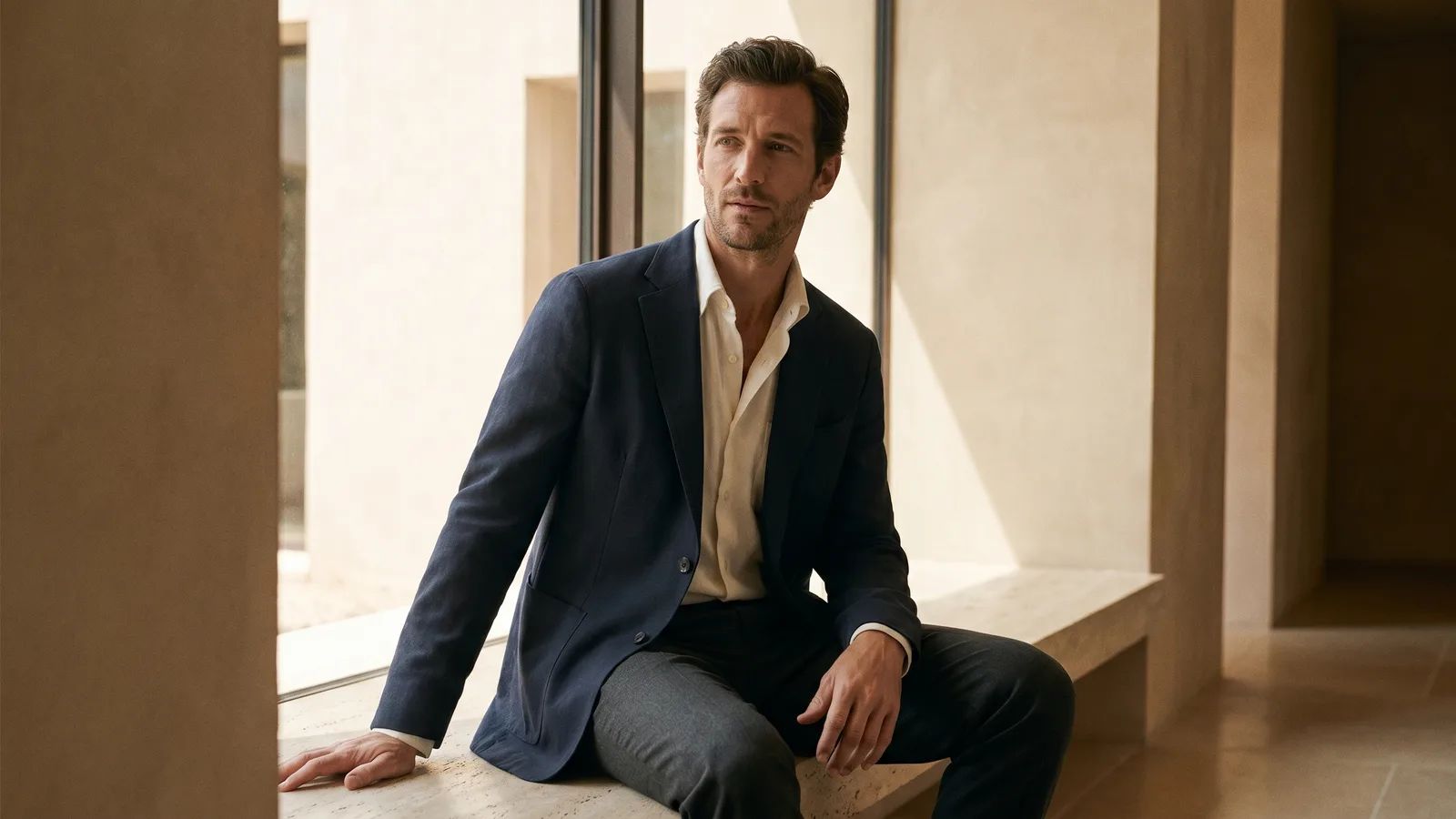 A confident man models business casual no tie in a navy blazer, open-collar shirt, sunlit modern interior.