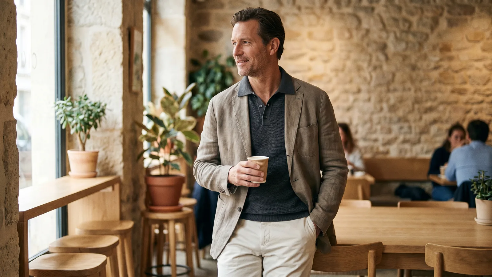 Man in a crisp button-up shirt, a business casual staple alongside a polo.