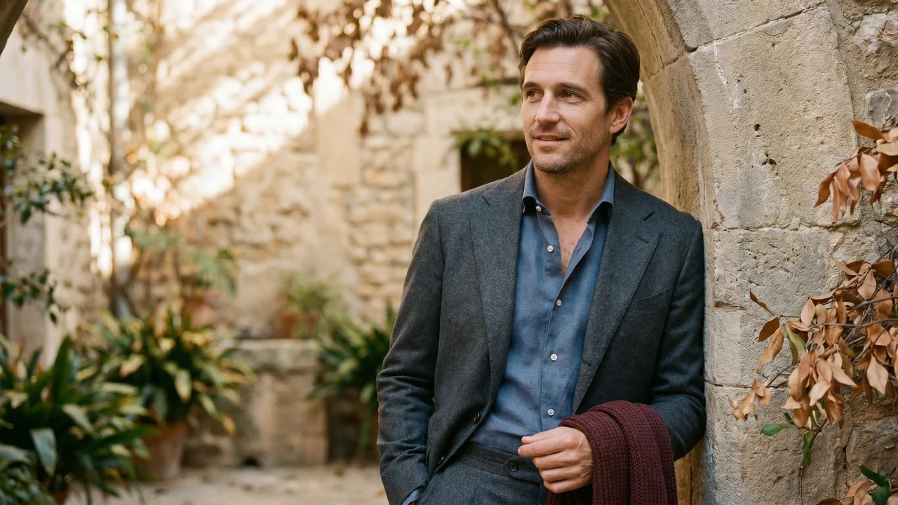 Man confidently wears a business casual suit without a tie, looking intentional in natural light.