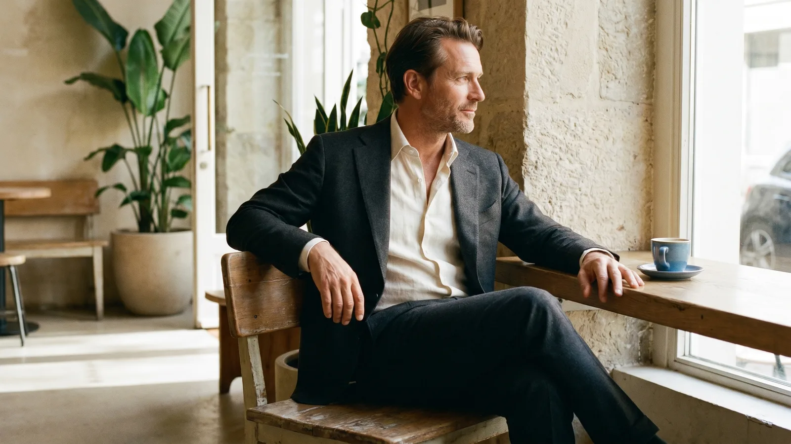 Man wearing a sharp business casual suit without a tie, confidently styled for an everyday look.