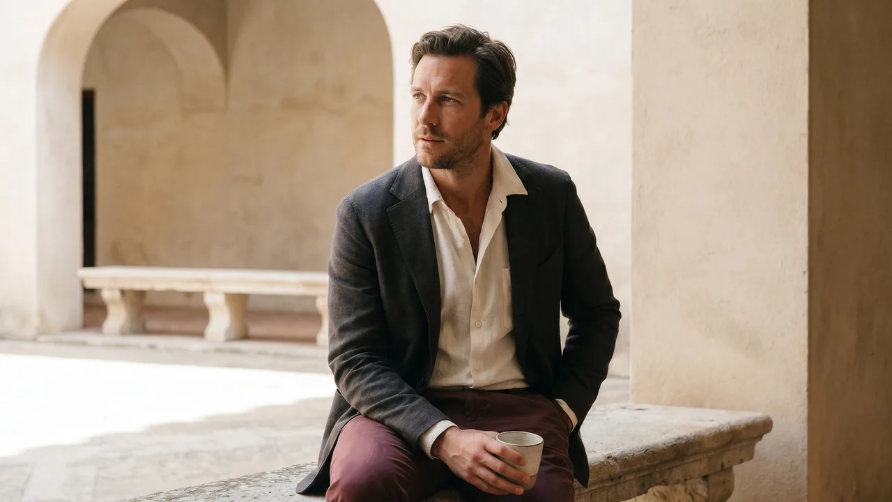 A man with an open collar, no tie, wearing a business casual unbuttoned shirt, looking intentional.