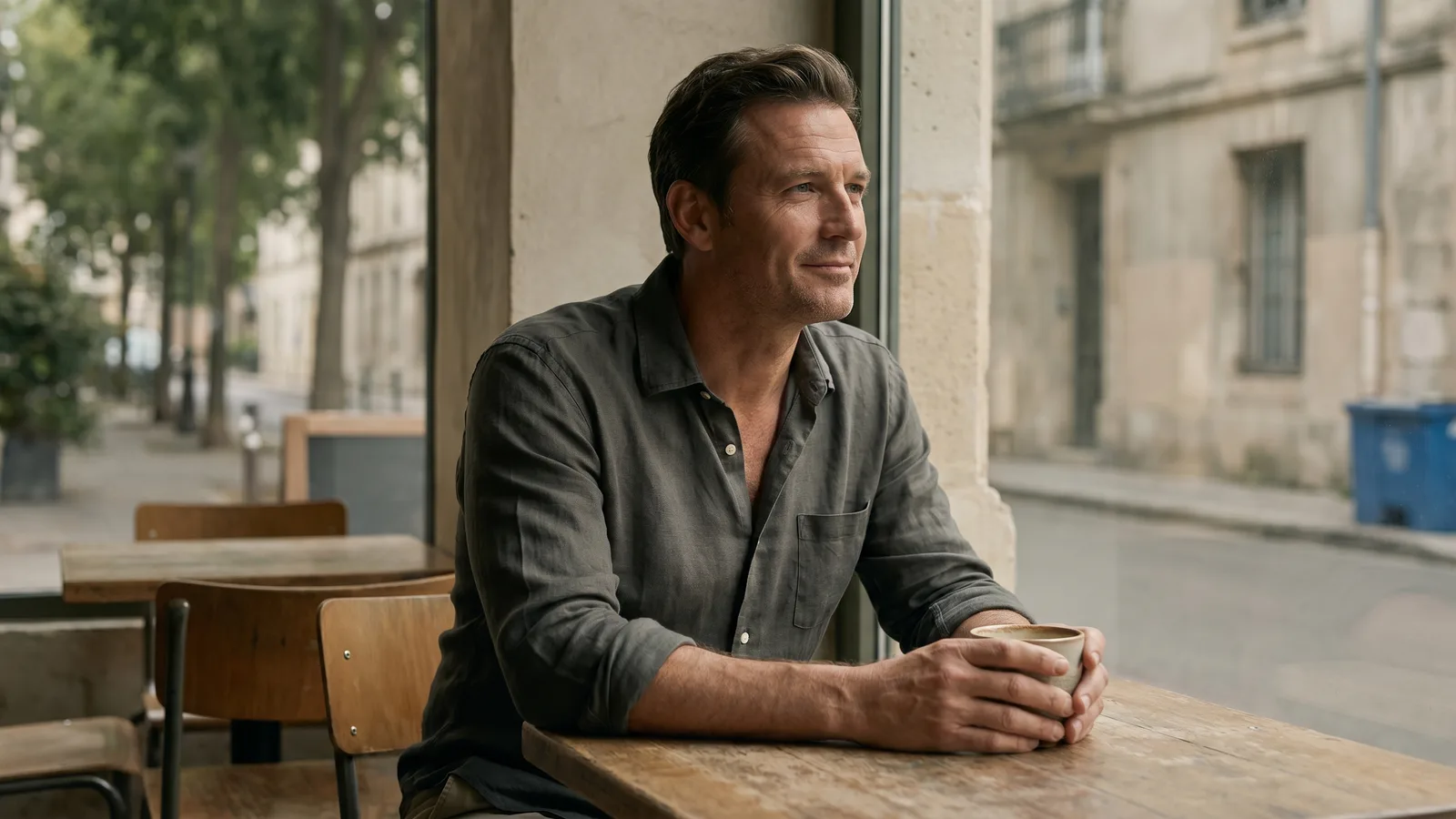 A man confidently wears an unbuttoned business casual shirt in a relaxed, natural setting.