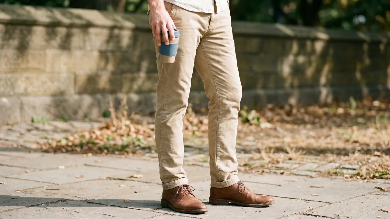 Man's legs in crisp chino business casual trousers and polished leather shoes.