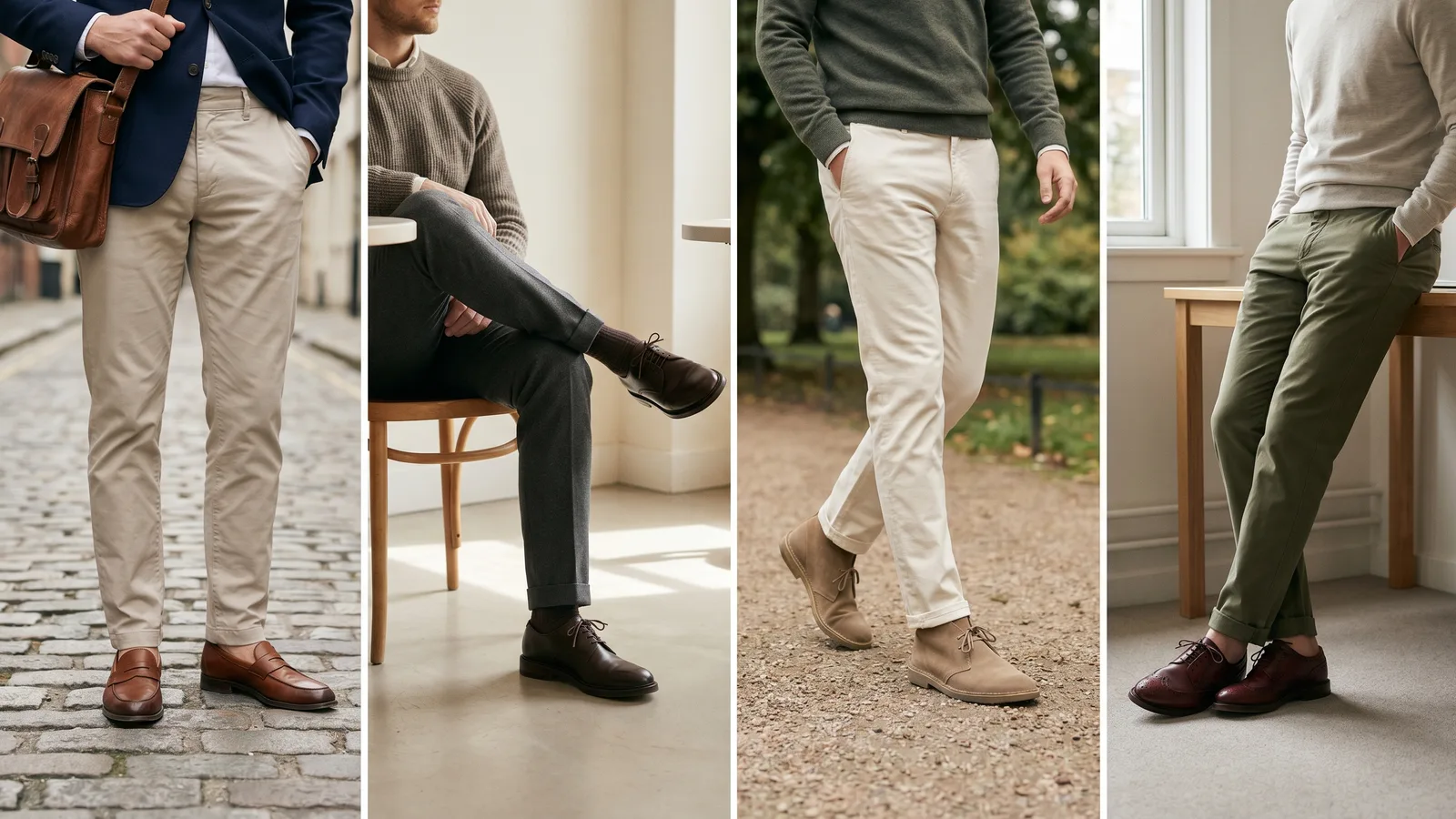Man in crisp chino business casual trousers and polished leather shoes in an everyday setting.
