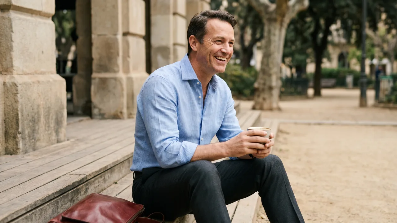 A man in a crisp dress shirt enjoys a casual moment outdoors.
