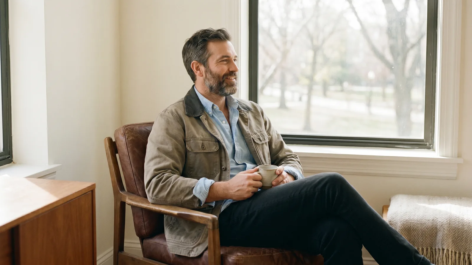A man wears a crisp, well-fitting casual dress shirt naturally in an everyday setting.