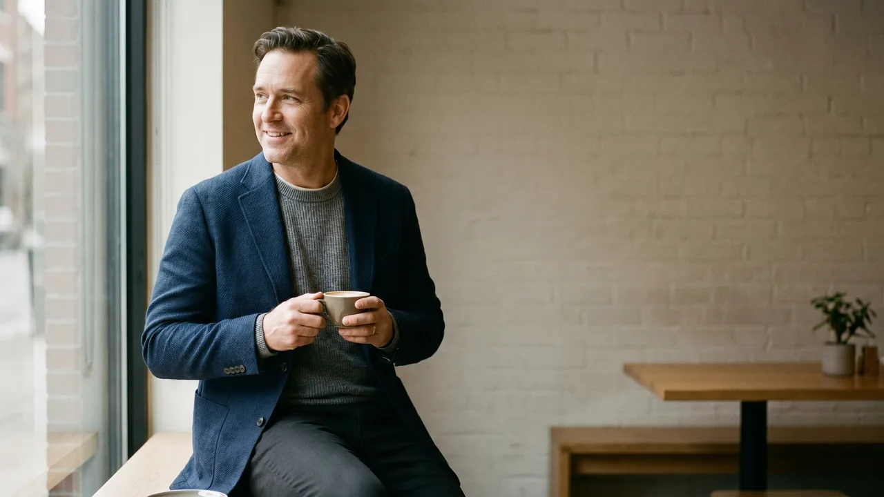 A man in a relaxed, well-fitting mens business casual outfit stands in natural light.