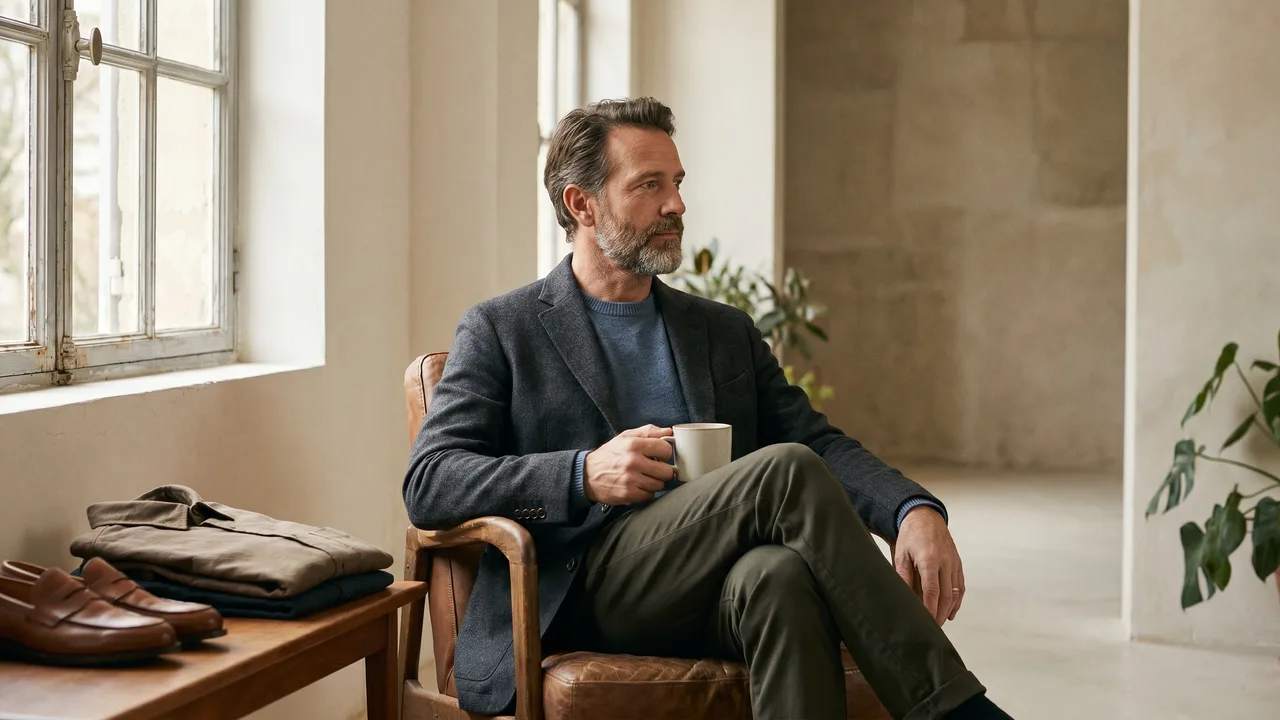 A man wearing a smart, adaptable outfit from his men's business casual capsule wardrobe.