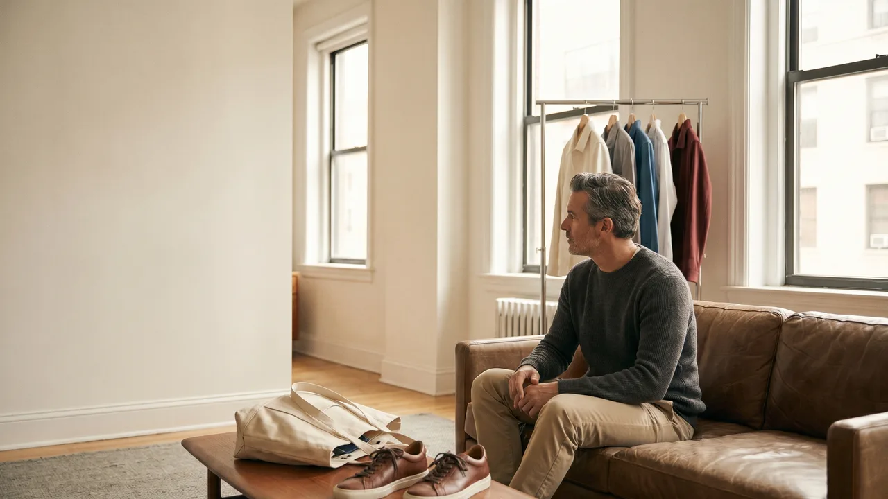 Man chooses from his small, versatile mens business casual essentials wardrobe in natural light.