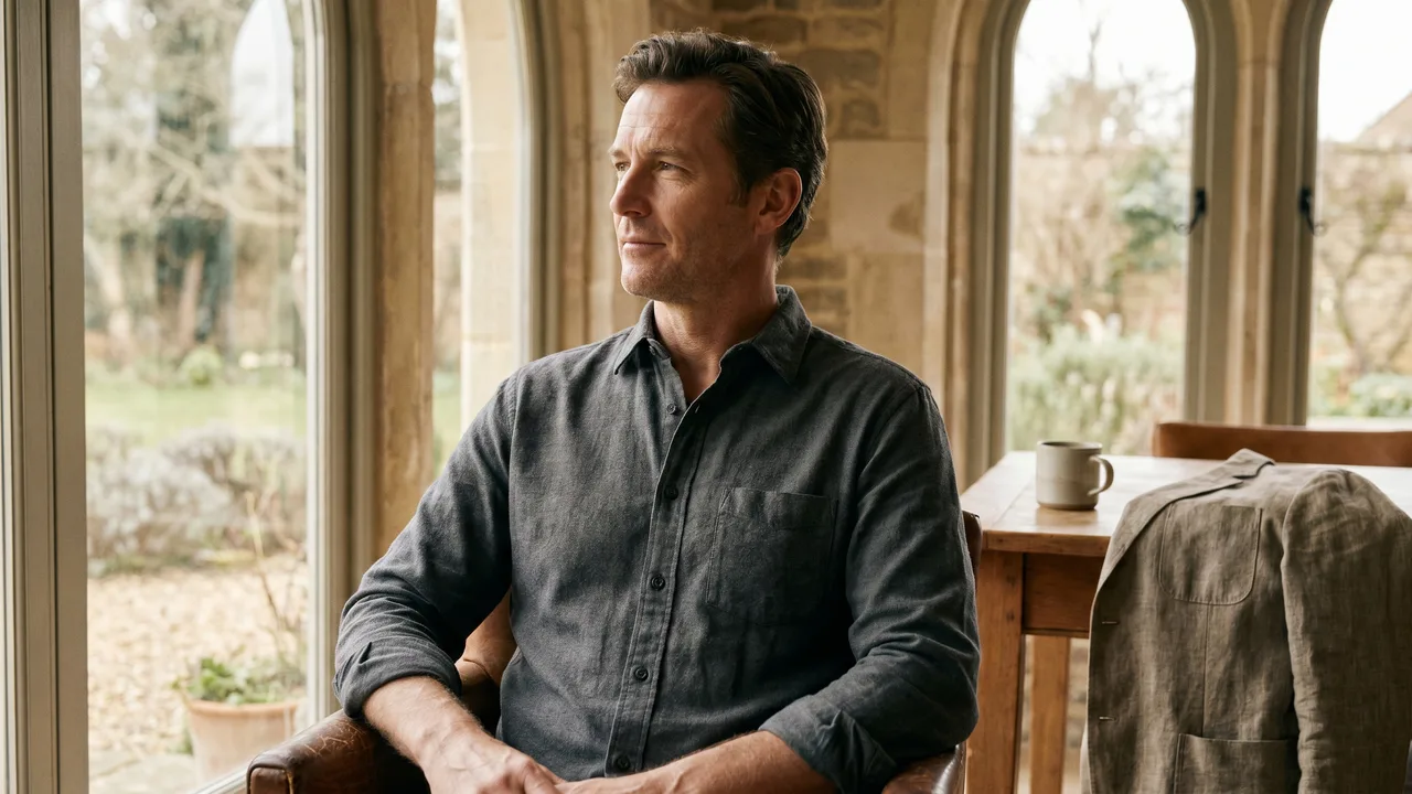 A man models a crisp, well-fitting men's business casual shirt under natural light.