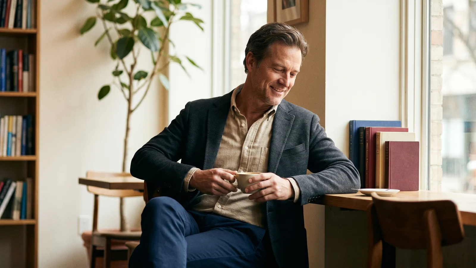 A man in a well-fitting mens business casual outfit, mid-shot in an everyday setting.