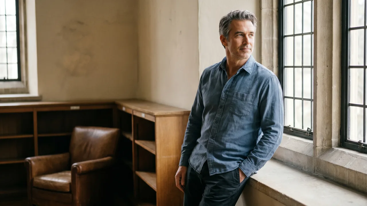 A man in a crisp, well-fitting men's long-sleeve casual dress shirt under natural light.