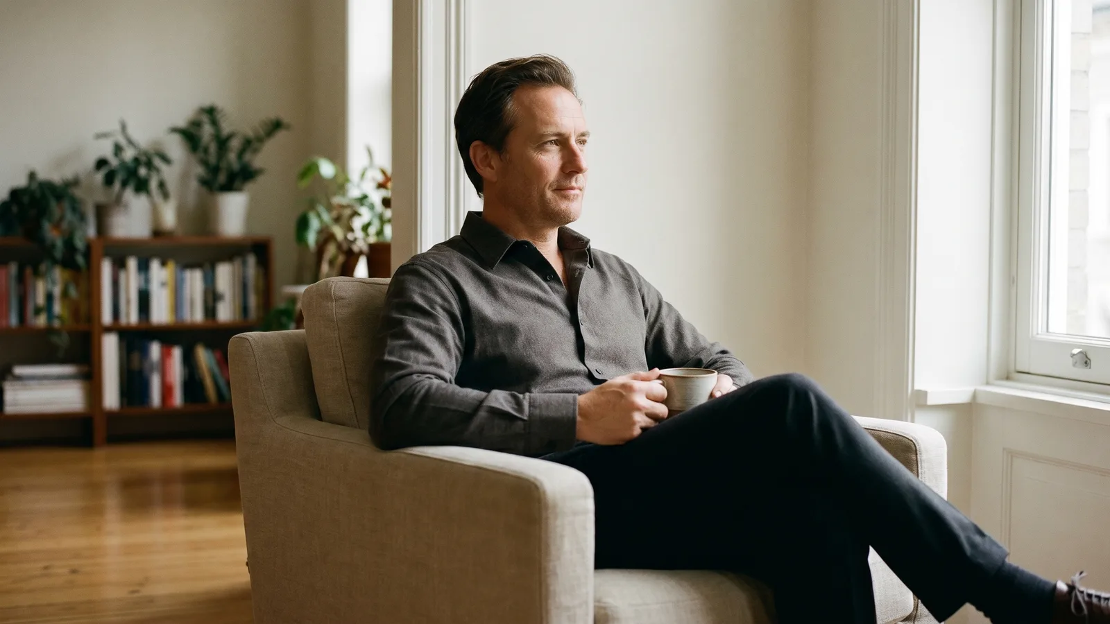A man wears a crisp, well-fitting men's long-sleeve casual dress shirt candidly in an everyday setting.