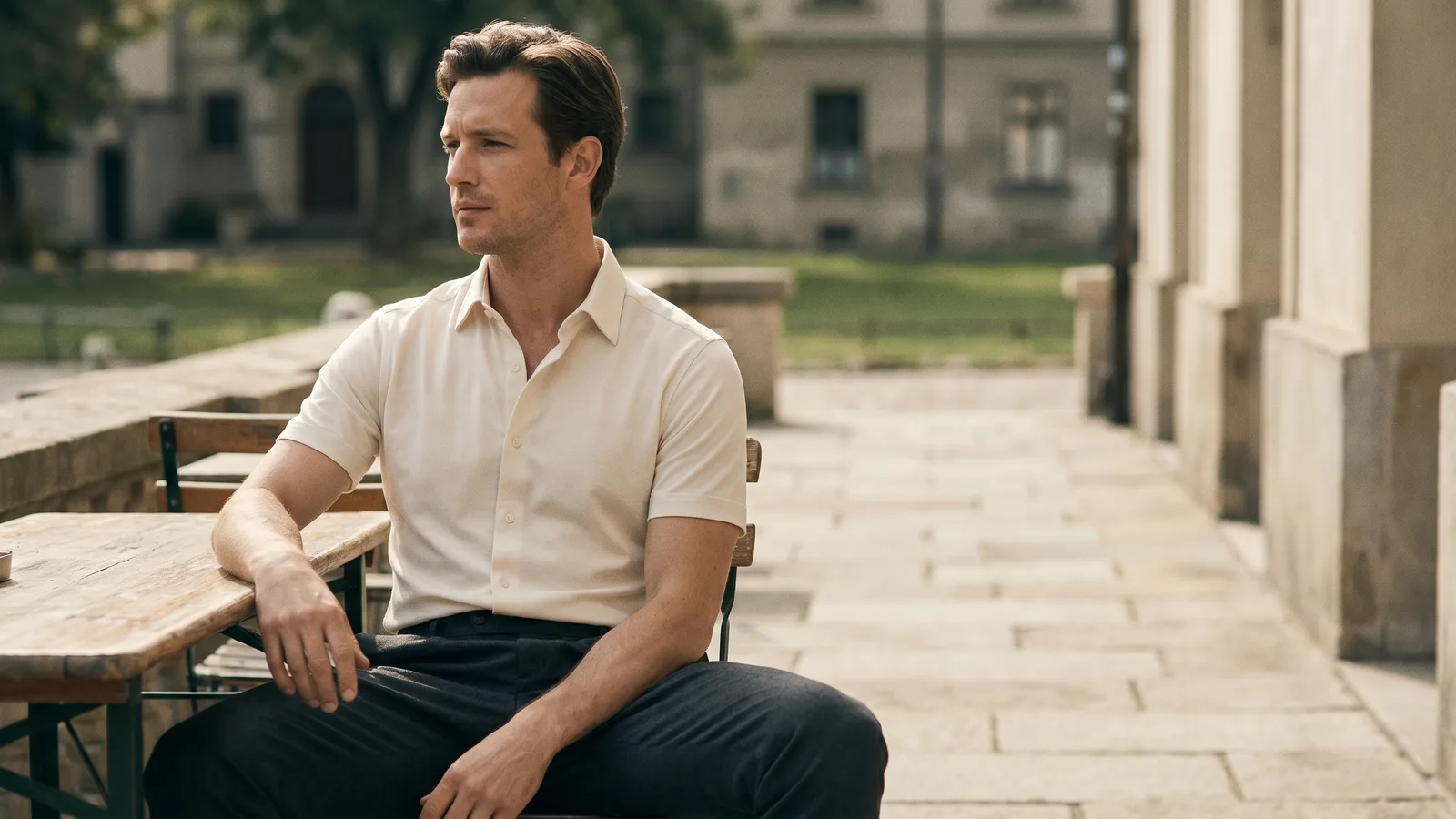 A man in a crisp mens short sleeve button down collar dress shirt, captured candidly in an everyday setting.