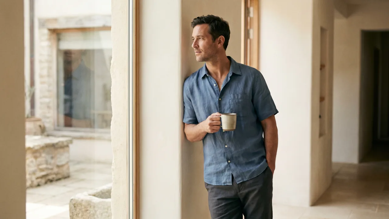 A man wears a perfectly fitting men's short-sleeve casual dress shirt in a sunlit candid scene.
