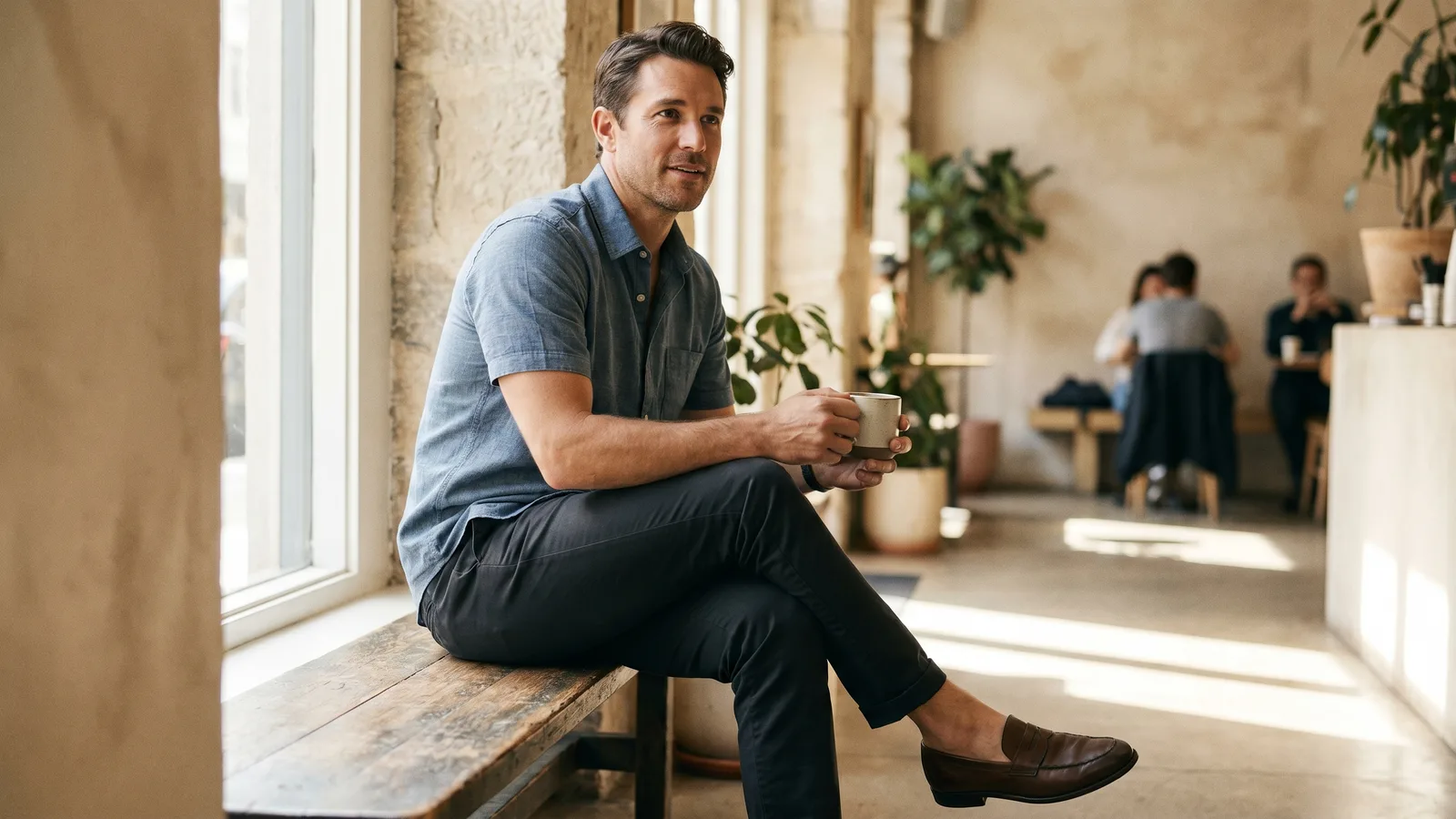 A man wears a crisp, well-fitting men's short-sleeve casual dress shirt in an everyday scene.