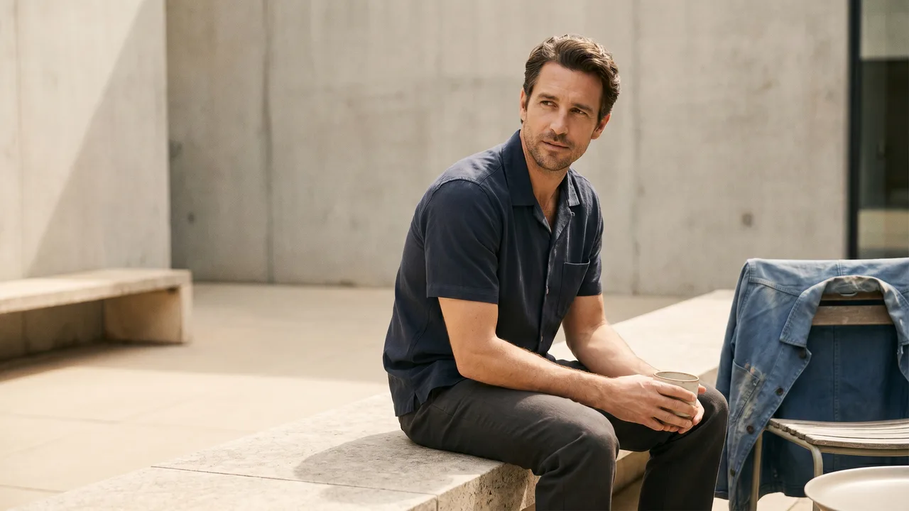 Man in a crisp, short sleeve collared shirt with no tie, embracing business casual.