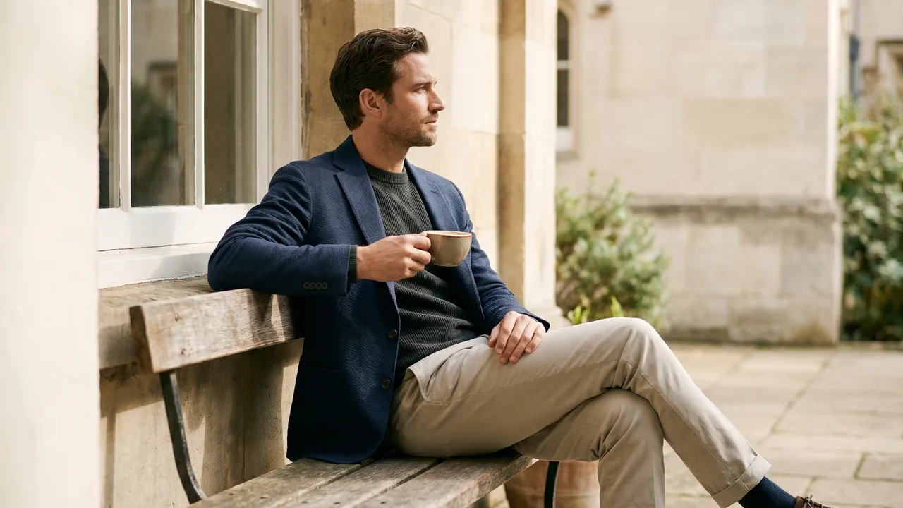 A man in a well-fitting smart casual outfit pauses in a naturally lit candid moment.